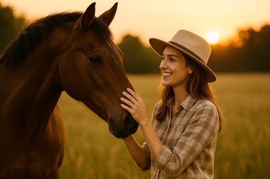 Mujer joven con sombrero acariciando a un caballo marrón en un campo al atardecer, transmitiendo conexión y armonía con la naturaleza
